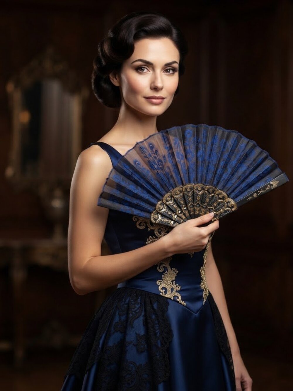 Elegant Black and Blue Hand Fan with Gold Accents